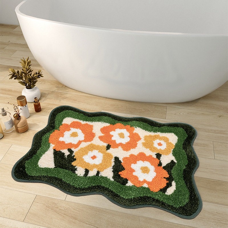 Farverig Blomster Badeværelsesmåtte i Orange og Lilla - Vandabsorberende og Skridsikker