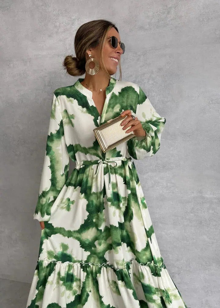 Celeste | Kvinders Tie-Dye Bælte Maxi Kjole med Lange Ærmer