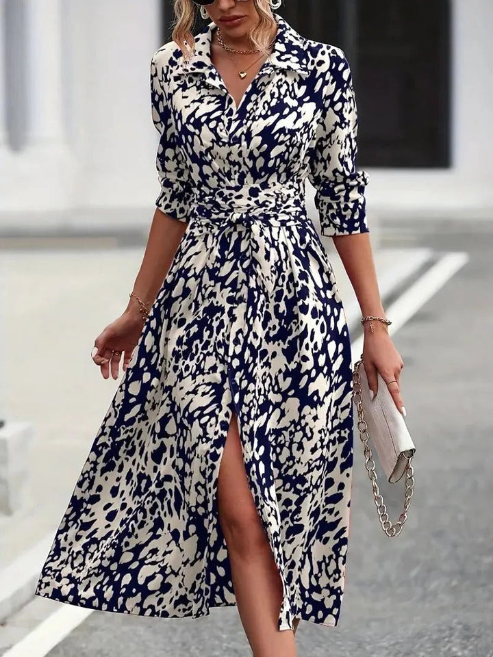 Valentina | Kvinders Abstrakte Print Knap-ned Bælte Midi Skjortekjole