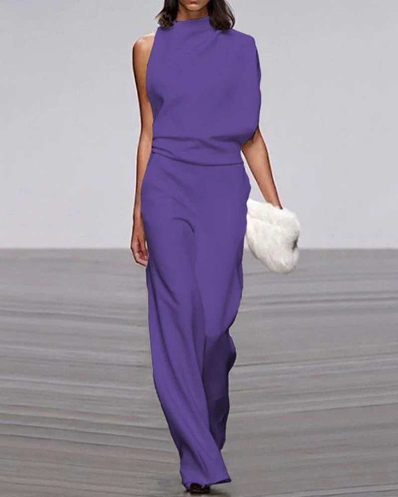 Elfenben | Kvinders Bredbenet Jumpsuit Uden Ærmer Mock Neck Formelt Outfit