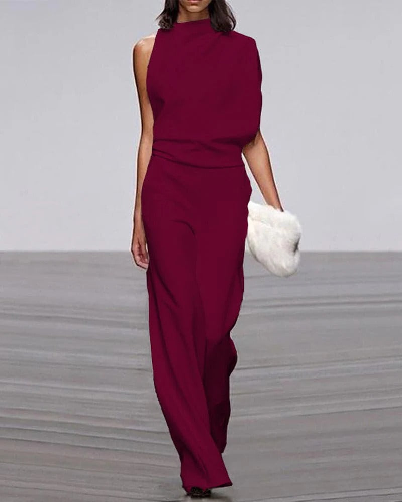 Elfenben | Kvinders Bredbenet Jumpsuit Uden Ærmer Mock Neck Formelt Outfit