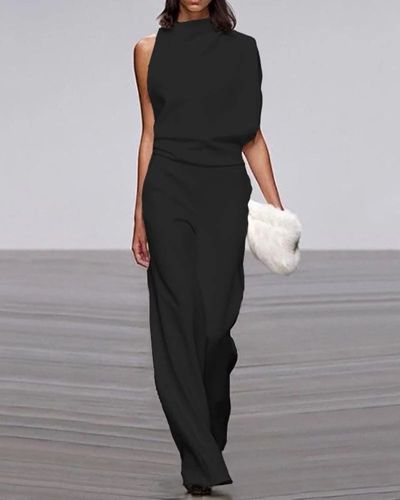 Elfenben | Kvinders Bredbenet Jumpsuit Uden Ærmer Mock Neck Formelt Outfit