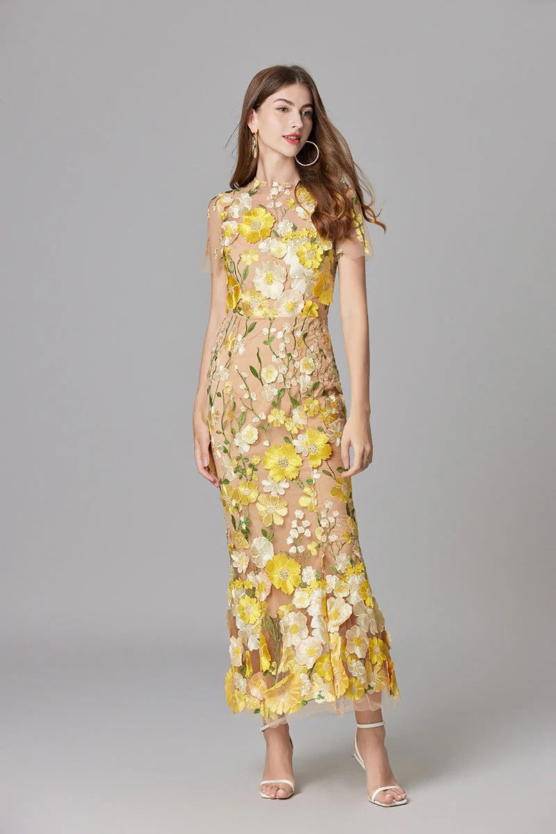 Aurelia | Kvinders 3D Blomster Appliqué Gennemsigtig Mesh Ærmeløs Maxi Kjole