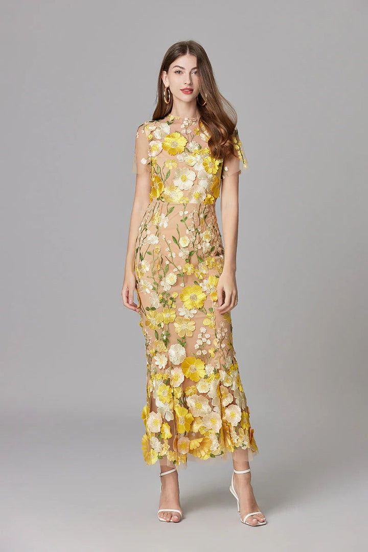 Aurelia | Kvinders 3D Blomster Appliqué Gennemsigtig Mesh Uden Ærmer Maxi Kjole
