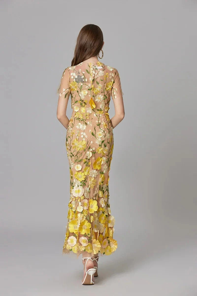 Aurelia | Kvinders 3D Blomster Appliqué Gennemsigtig Mesh Uden Ærmer Maxi Kjole