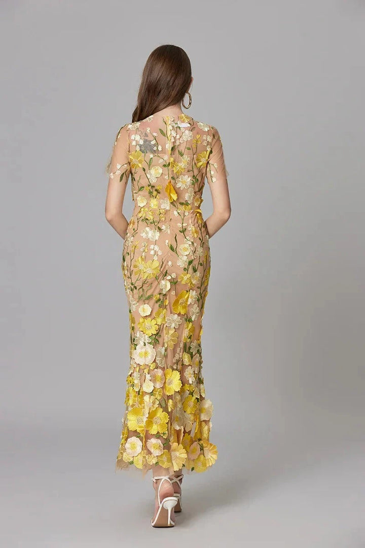 Aurelia | Kvinders 3D Blomster Appliqué Gennemsigtig Mesh Uden Ærmer Maxi Kjole