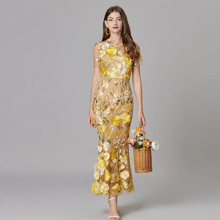 Aurelia | Kvinders 3D Blomster Appliqué Gennemsigtig Mesh Uden Ærmer Maxi Kjole