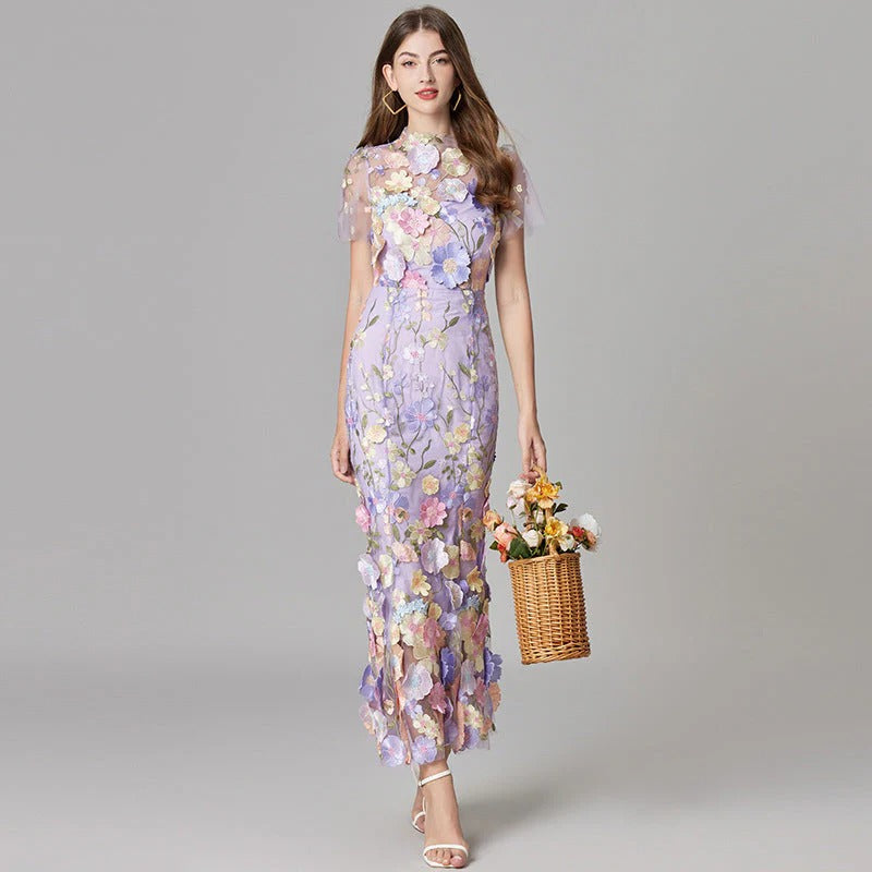 Aurelia | Kvinders 3D Blomster Appliqué Gennemsigtig Mesh Ærmeløs Maxi Kjole