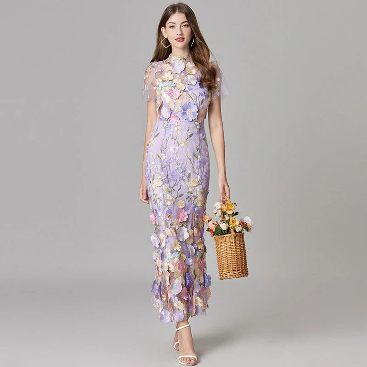 Aurelia | Kvinders 3D Blomster Appliqué Gennemsigtig Mesh Ærmeløs Maxi Kjole