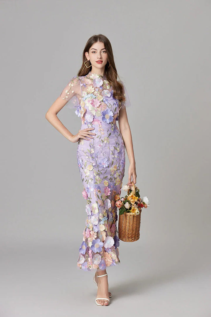 Aurelia | Kvinders 3D Blomster Appliqué Gennemsigtig Mesh Uden Ærmer Maxi Kjole