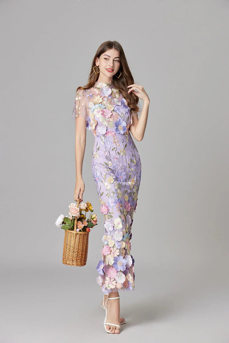 Aurelia | Kvinders 3D Blomster Appliqué Gennemsigtig Mesh Uden Ærmer Maxi Kjole