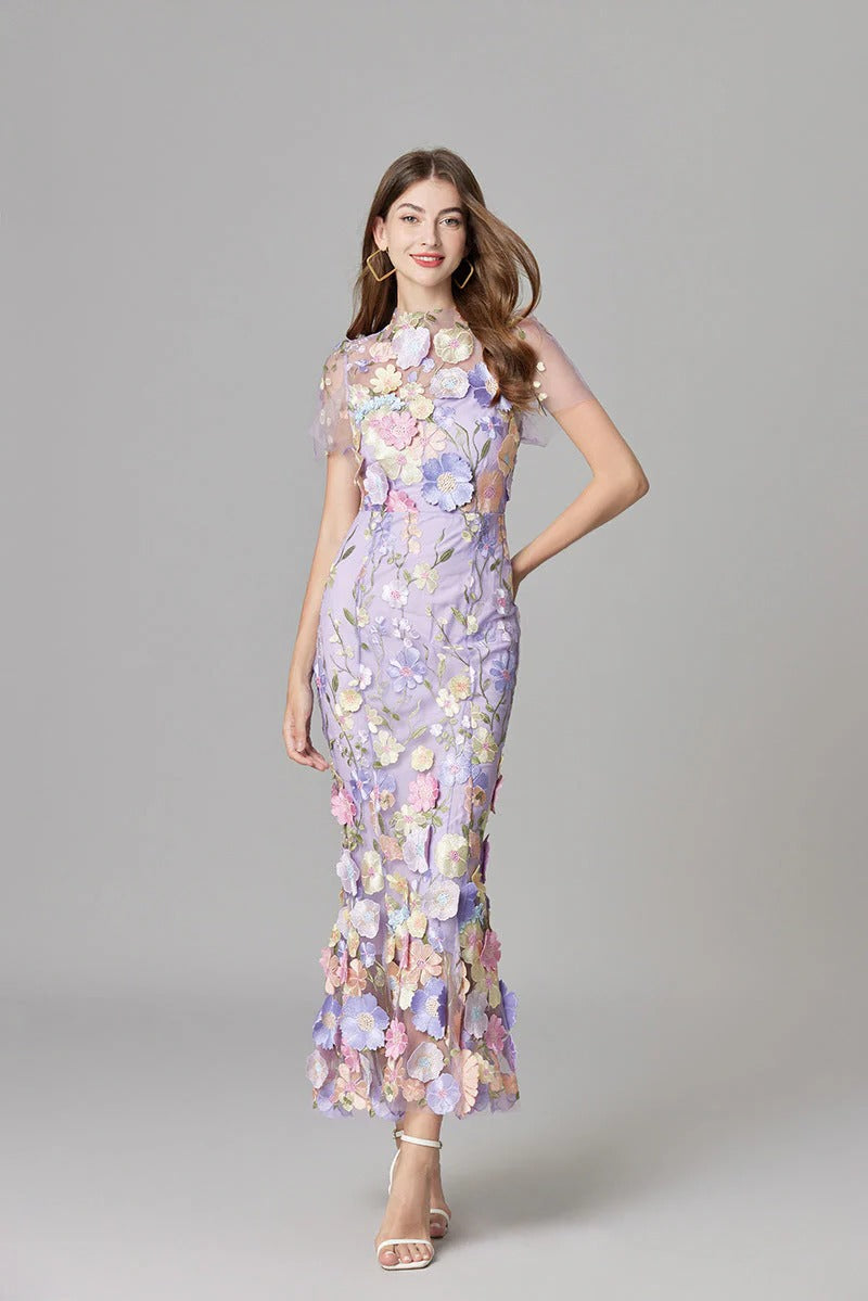 Aurelia | Kvinders 3D Blomster Appliqué Gennemsigtig Mesh Uden Ærmer Maxi Kjole