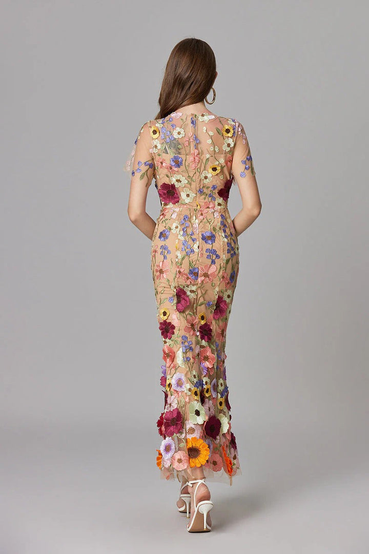 Aurelia | Kvinders 3D Blomster Appliqué Gennemsigtig Mesh Uden Ærmer Maxi Kjole