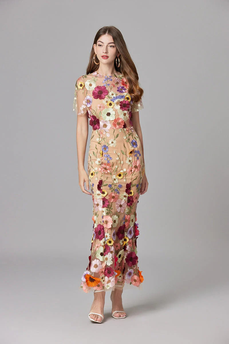 Aurelia | Kvinders 3D Blomster Appliqué Gennemsigtig Mesh Uden Ærmer Maxi Kjole