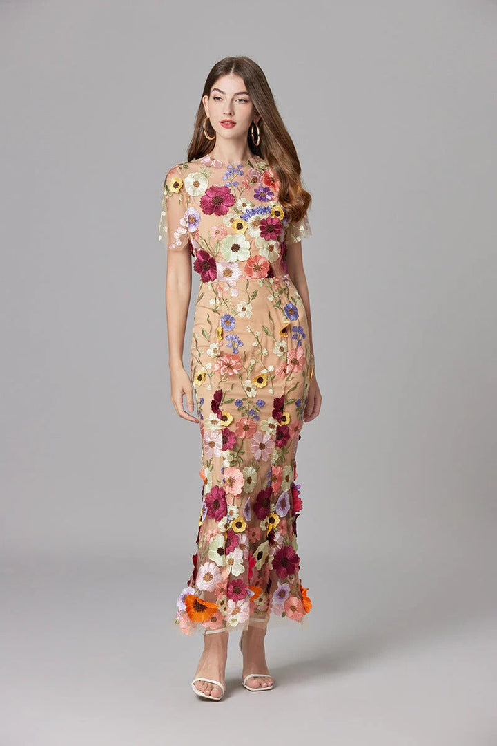 Aurelia | Kvinders 3D Blomster Appliqué Gennemsigtig Mesh Uden Ærmer Maxi Kjole