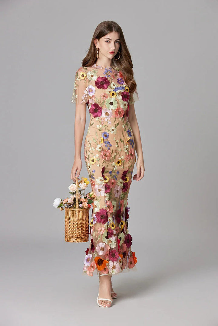 Aurelia | Kvinders 3D Blomster Appliqué Gennemsigtig Mesh Ærmeløs Maxi Kjole