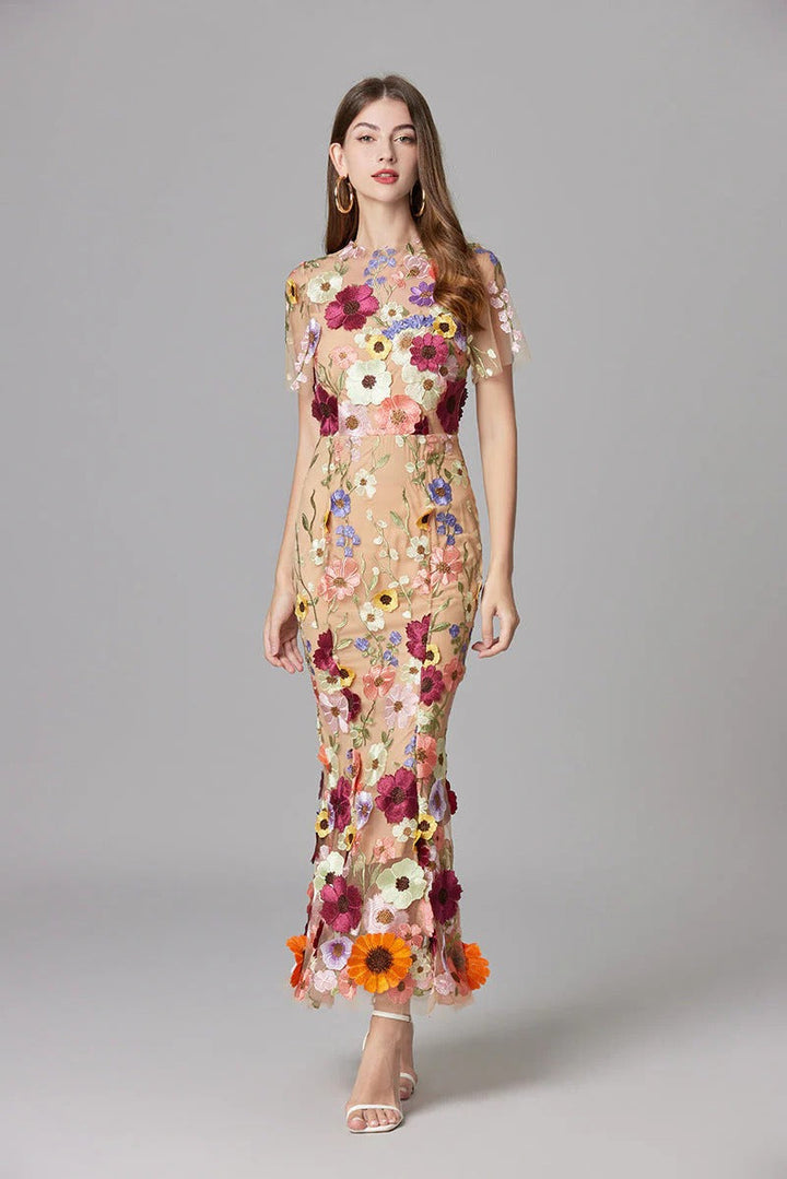 Aurelia | Kvinders 3D Blomster Appliqué Gennemsigtig Mesh Ærmeløs Maxi Kjole