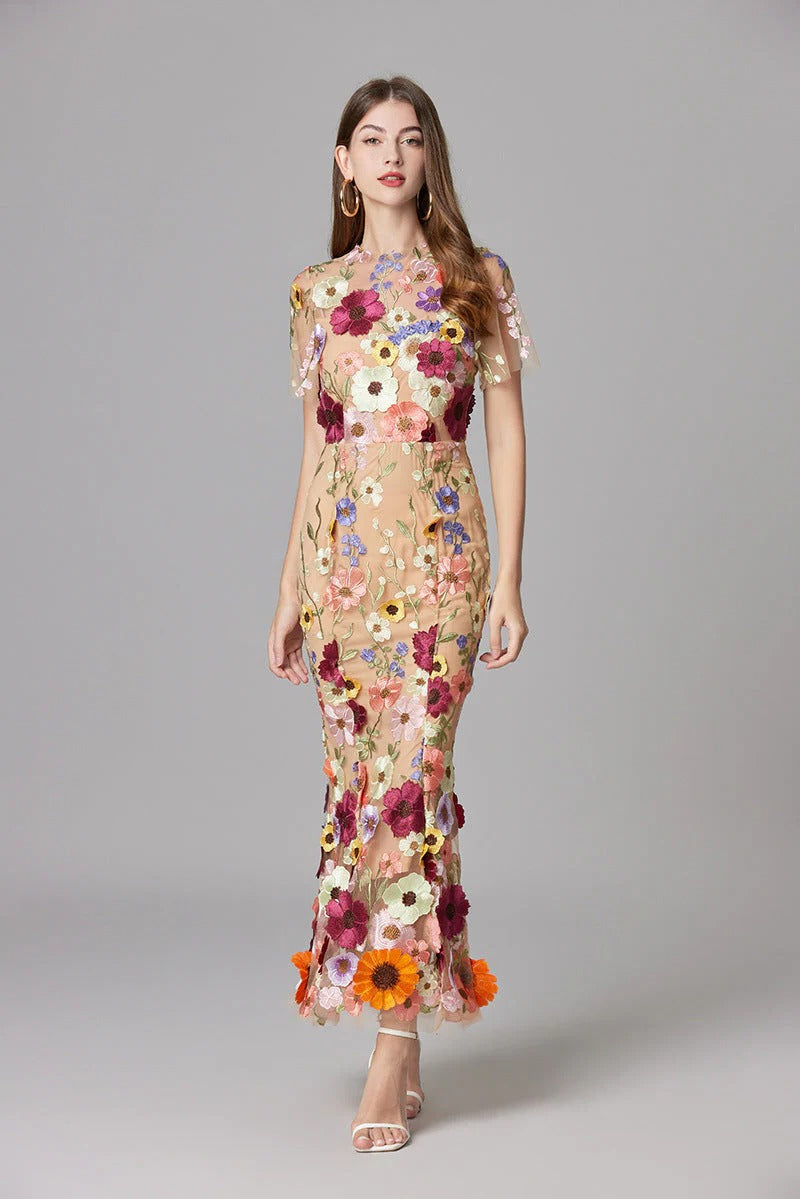Aurelia | Kvinders 3D Blomster Appliqué Gennemsigtig Mesh Uden Ærmer Maxi Kjole