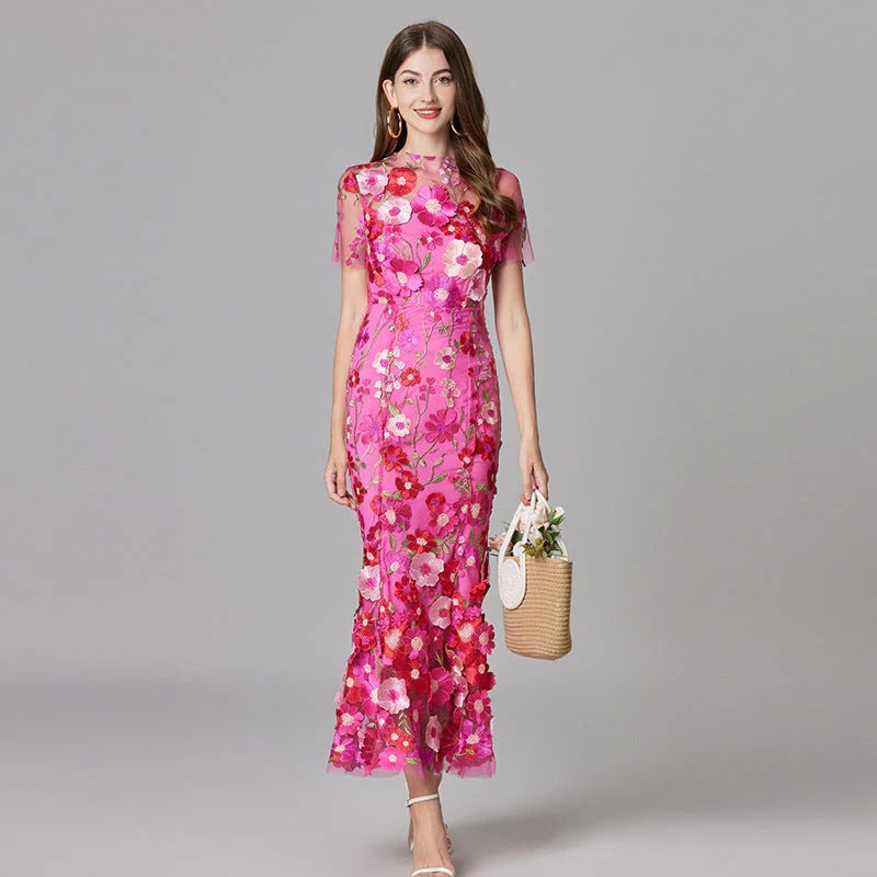 Aurelia | Kvinders 3D Blomster Appliqué Gennemsigtig Mesh Uden Ærmer Maxi Kjole