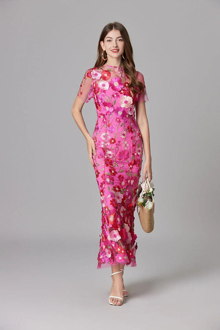 Aurelia | Kvinders 3D Blomster Appliqué Gennemsigtig Mesh Ærmeløs Maxi Kjole