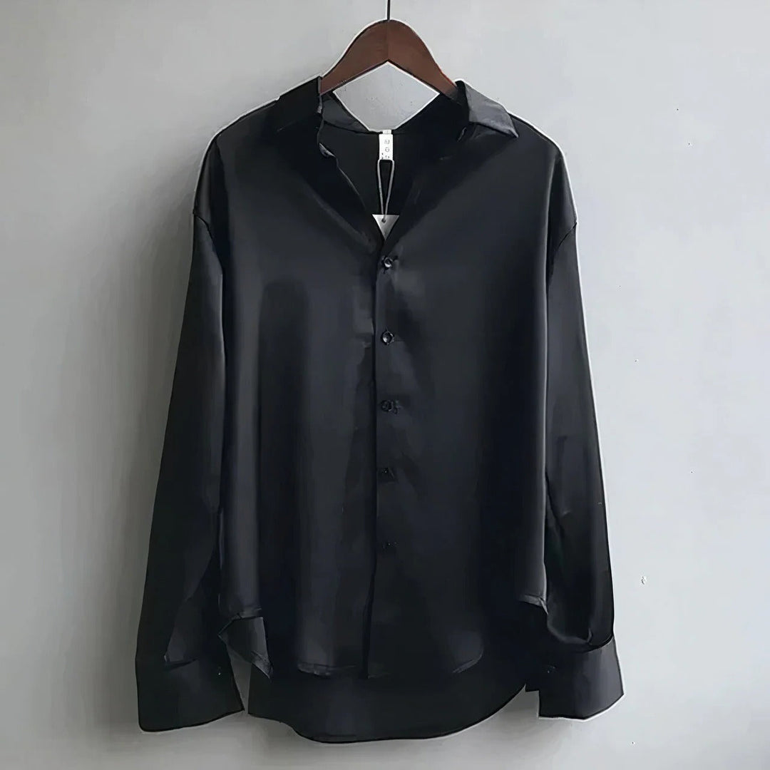 Sage | Kvinders Satin Knap-Down Bluse Lang Ærme Krave Skjorte