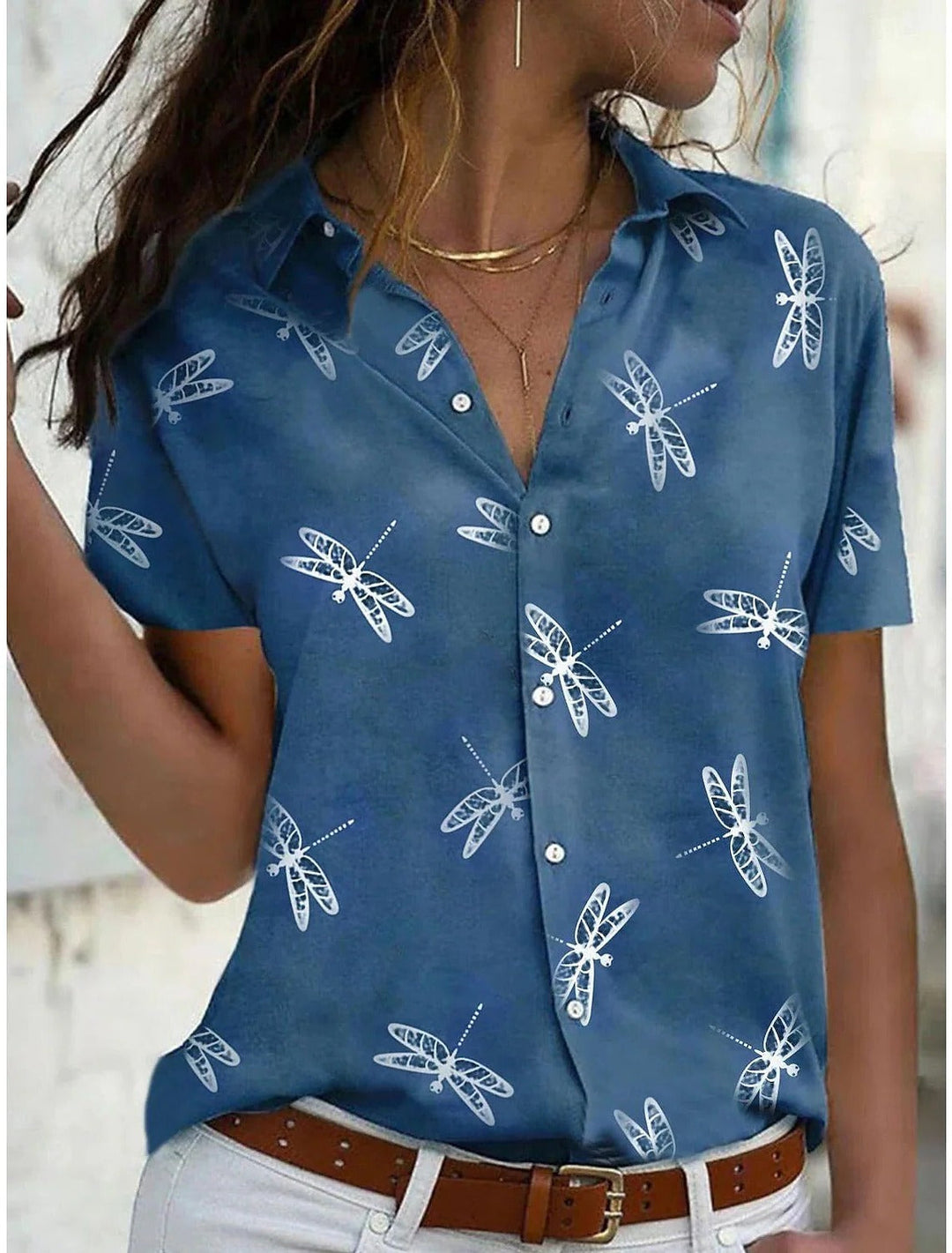 Daisy | Kvinders Drageflue Print Kortærmet Knap-Ned Skjorte Top