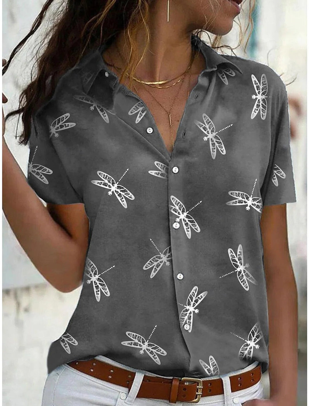 Daisy | Kvinders Drageflue Print Kortærmet Knap-Ned Skjorte Top