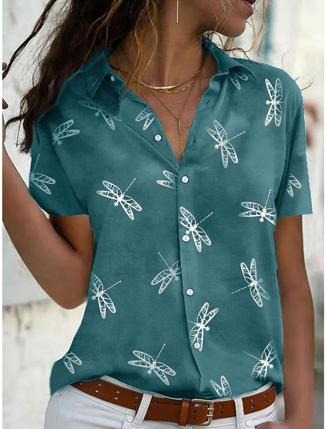 Daisy | Kvinders Drageflue Print Kortærmet Knap-Ned Skjorte Top