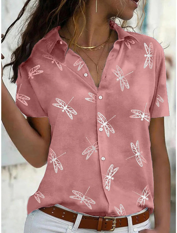 Daisy | Kvinders Drageflue Print Kortærmet Knap-Ned Skjorte Top