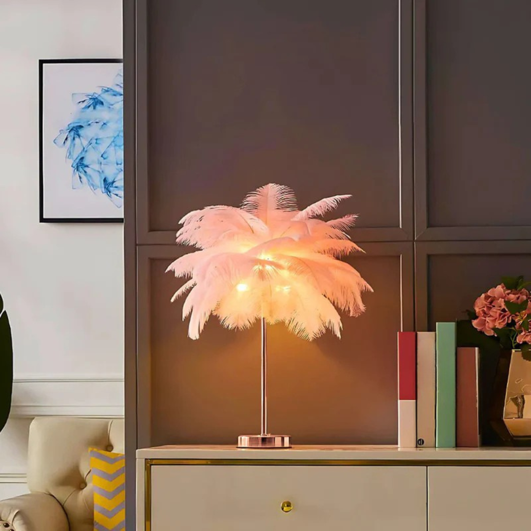 Elegant Bordlampe med Fjer Skærm og Fjernbetjening