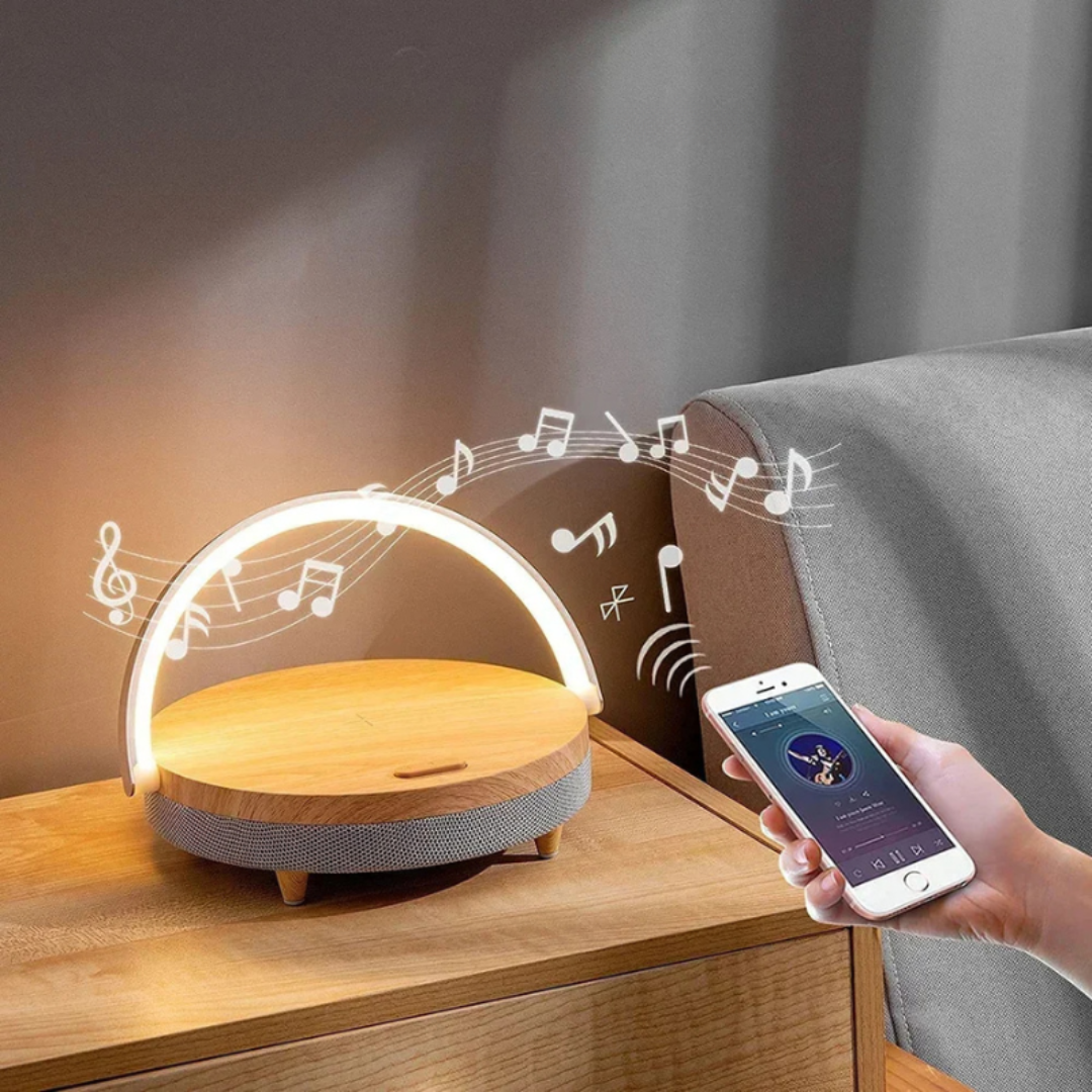 Moderne Bordlampe med Trådløs Oplader og Bluetooth Højttaler