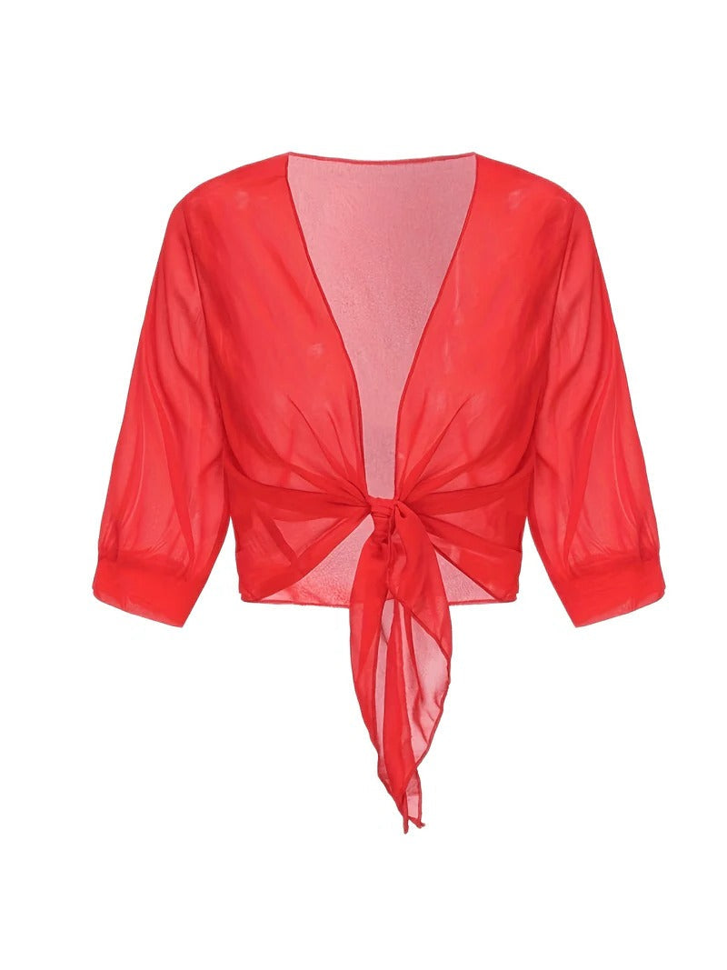 Brisa | Kvinders Tie Front Gennemsigtig Bluse Åben Front 3/4 Ærme Top
