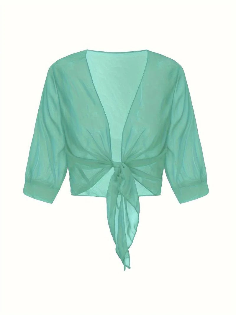 Brisa | Kvinders Tie Front Gennemsigtig Bluse Åben Front 3/4 Ærme Top