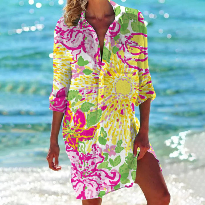 Coralie | Kvinders Tropisk Print Skjorte Kjole 3/4 Ærme Strand Cover Up