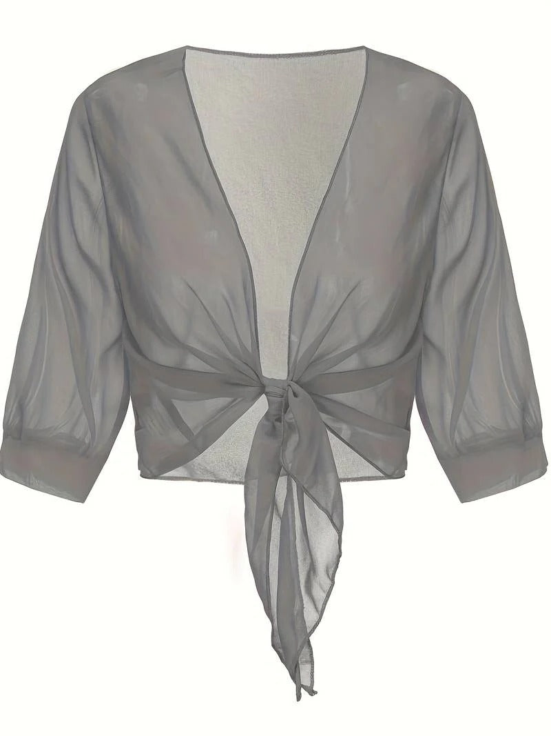 Brisa | Kvinders Tie Front Gennemsigtig Bluse Åben Front 3/4 Ærme Top