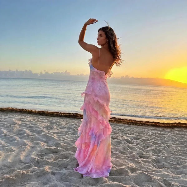 Aurora | Kvinders Ruffle Maxi Kjole Blomster Spaghetti Strop V-Hals