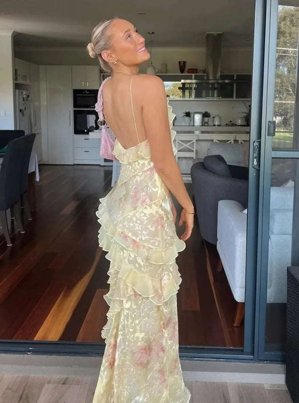 Aurora | Kvinders Ruffle Maxi Kjole Blomster Spaghetti Strop V-Hals