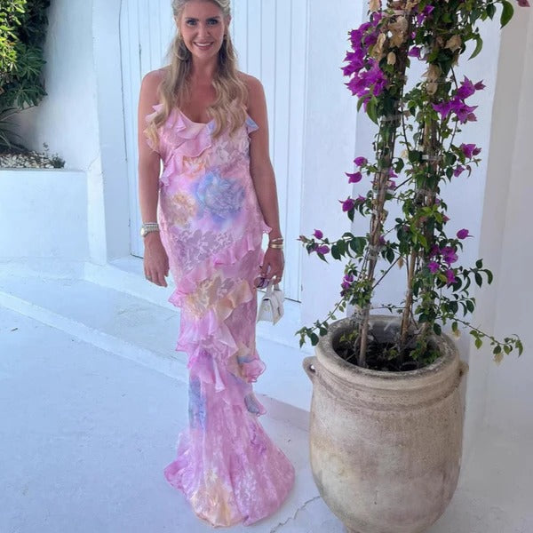 Aurora | Kvinders Ruffle Maxi Kjole Blomster Spaghetti Strop V-Hals