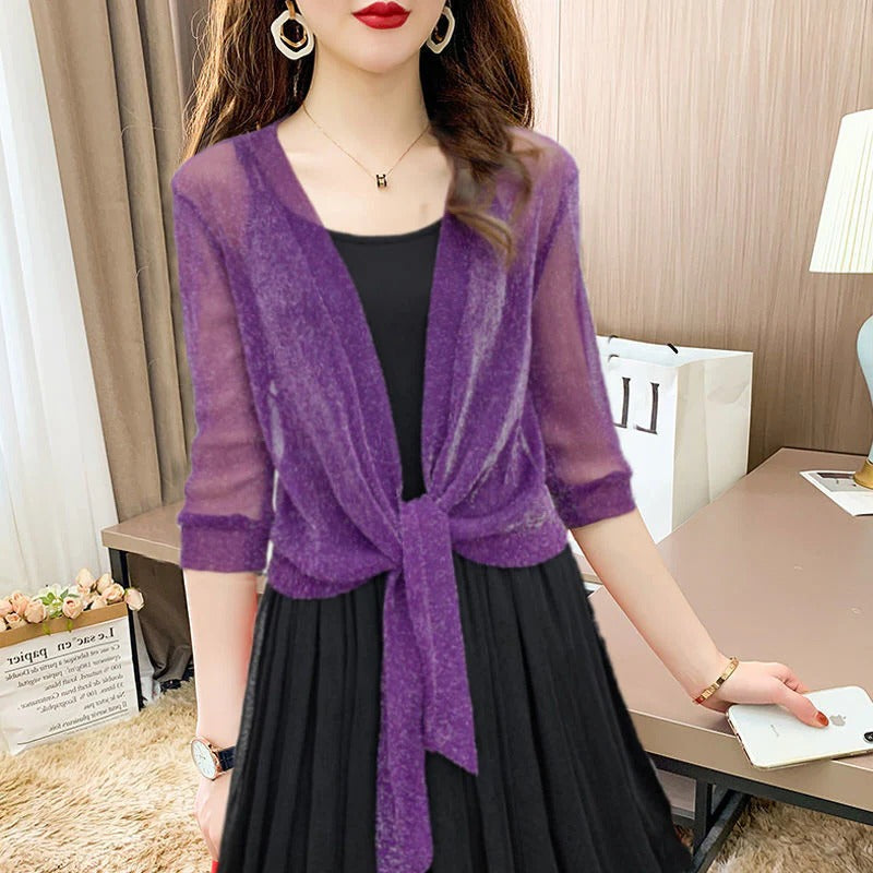 Brisa | Kvinders Tie Front Gennemsigtig Bluse Åben Front 3/4 Ærme Top