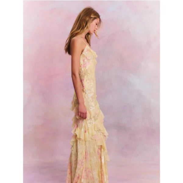 Aurora | Kvinders Ruffle Maxi Kjole Blomster Spaghetti Strop V-Hals