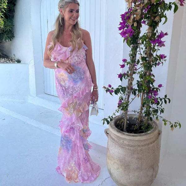Aurora | Kvinders Ruffle Maxi Kjole Blomster Spaghetti Strop V-Hals