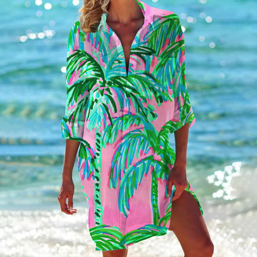 Coralie | Kvinders Tropisk Print Skjorte Kjole 3/4 Ærme Strand Cover Up