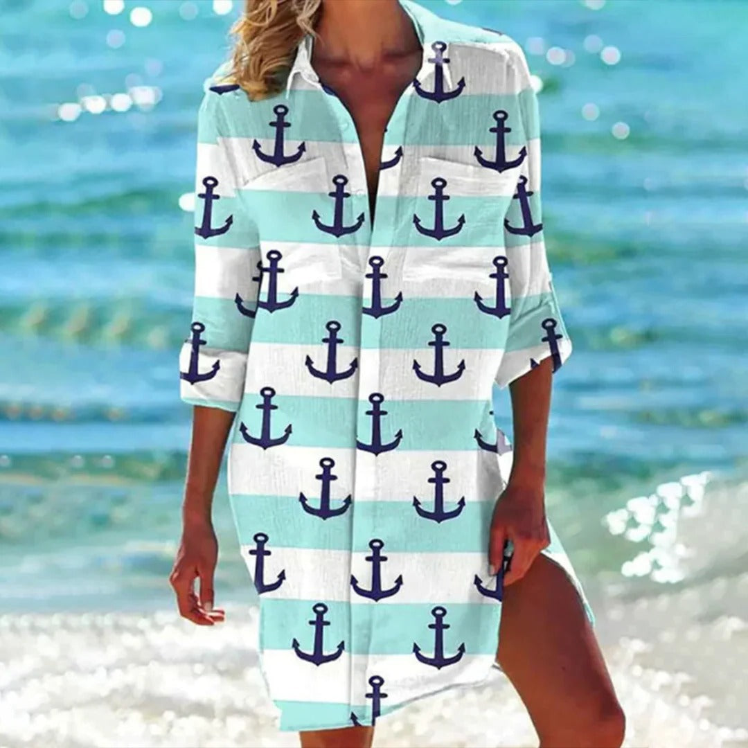 Coralie | Kvinders Tropisk Print Skjorte Kjole 3/4 Ærme Strand Cover Up