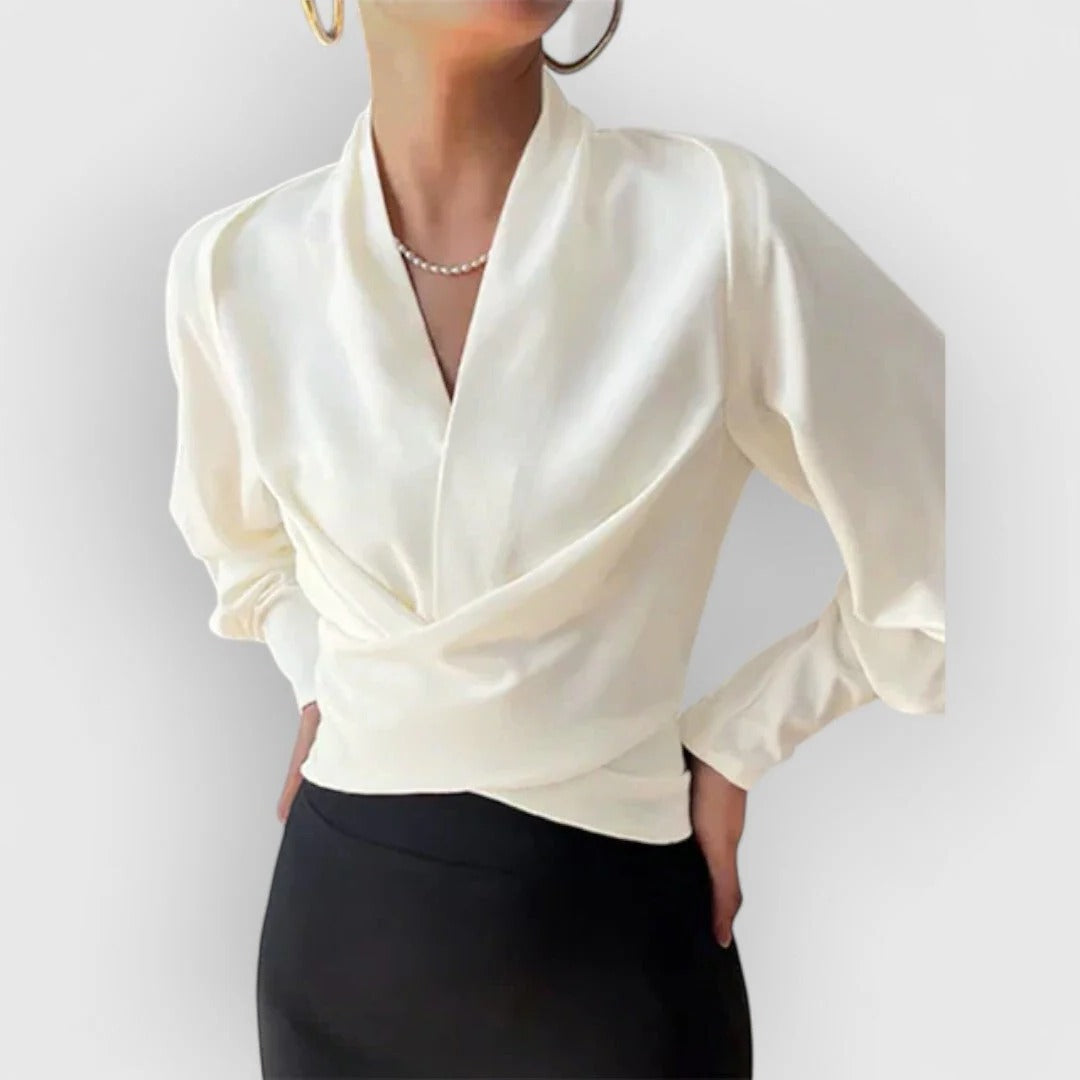 Teal | Kvinders Satin Wrap Bluse med V-Hals og Lange Ærmer