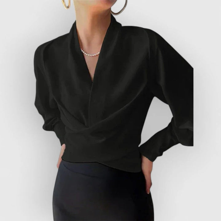 Teal | Kvinders Satin Wrap Bluse med V-Hals og Lange Ærmer