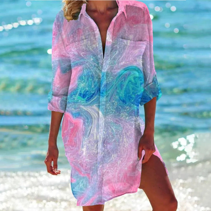 Coralie | Kvinders Tropisk Print Skjorte Kjole 3/4 Ærme Strand Cover Up