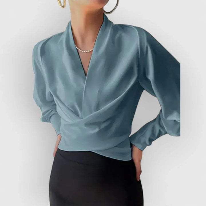 Teal | Kvinders Satin Wrap Bluse med V-Hals og Lange Ærmer