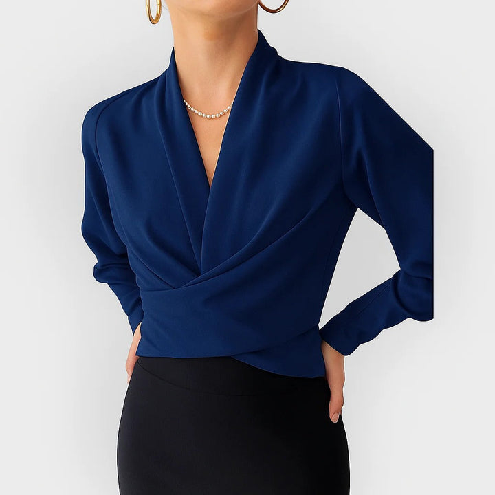 Teal | Kvinders Satin Wrap Bluse med V-Hals og Lange Ærmer