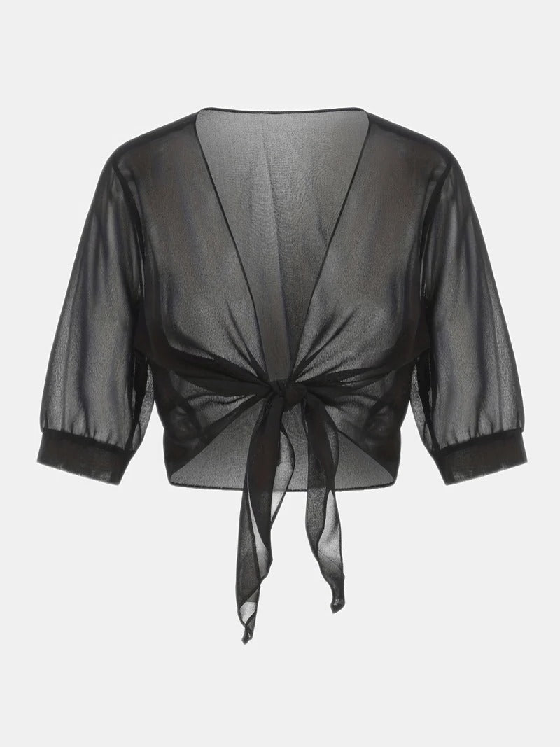 Brisa | Kvinders Tie Front Gennemsigtig Bluse Åben Front 3/4 Ærme Top