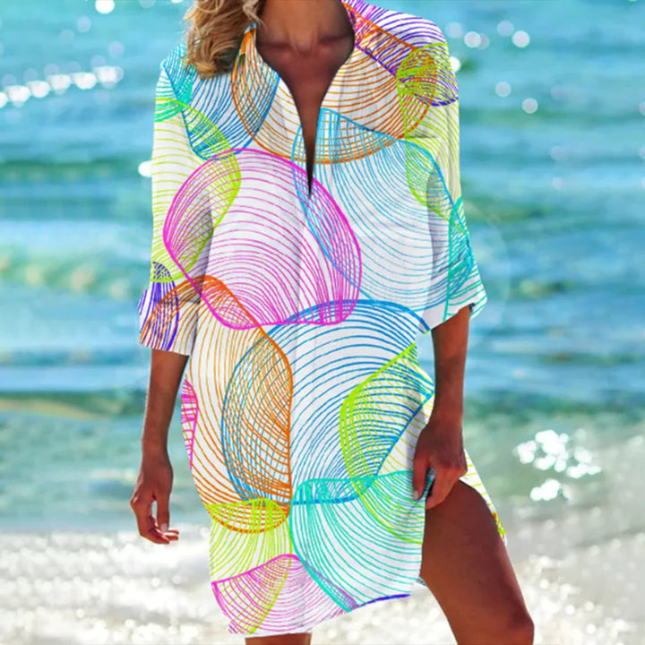 Coralie | Kvinders Tropisk Print Skjorte Kjole 3/4 Ærme Strand Cover Up